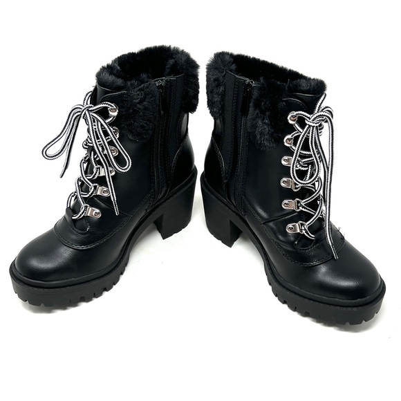 Torrid Black Faux Fur Lug Rider Combat Platform Chunky Moto Ankle Bootie Boots - Picture 5 of 9